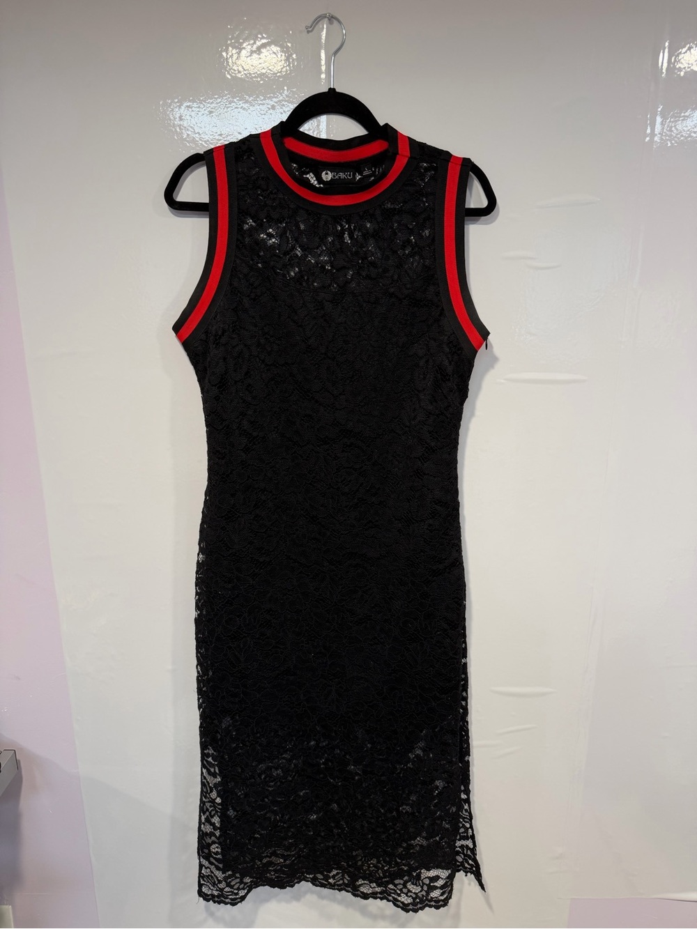 Black Lace Baku Sleeveless Midi Dress with Red Trim